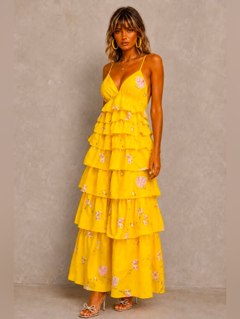 Yellow Floral Tiered Maxi Dress - Women's Summer Dress LG New